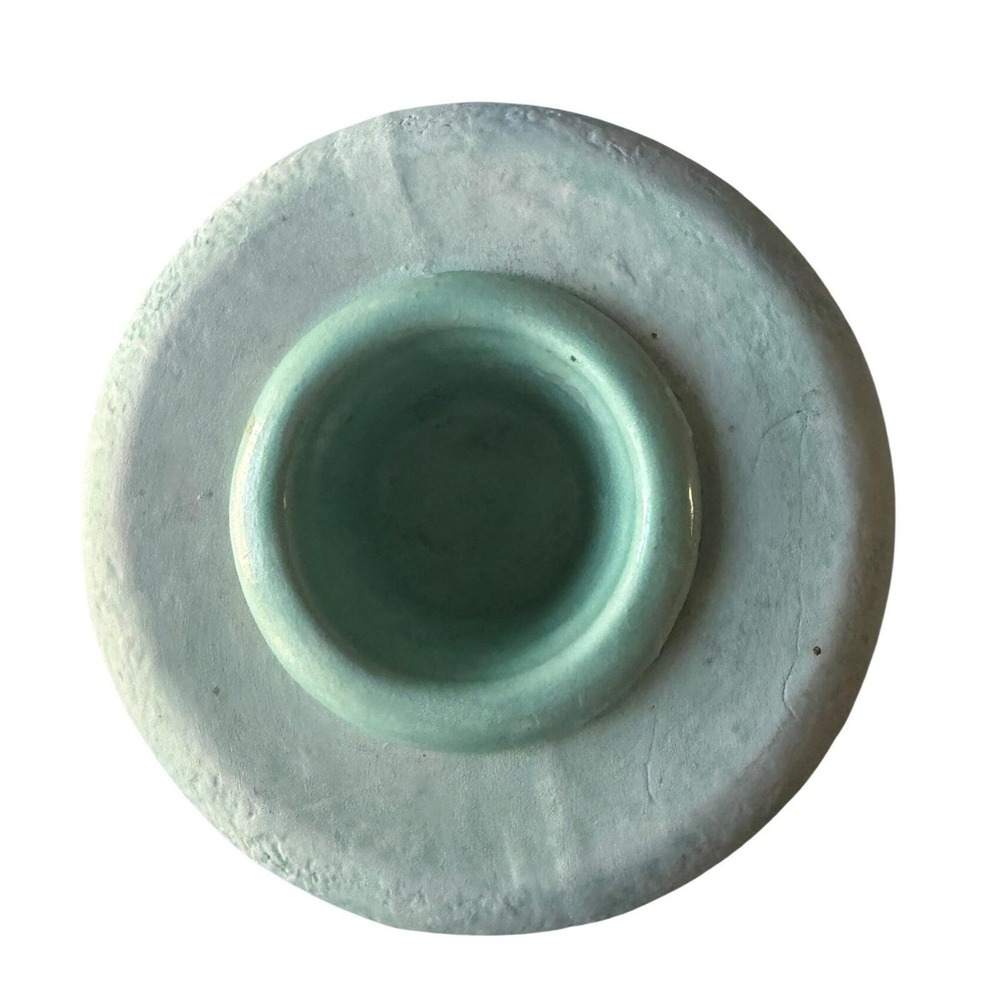 Signed 1980s Botanical Ceramic Vase & Candle Holder Cottagecore Mint Green - Picture 10 of 11